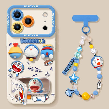 Ussid Case Phone Case Cartoon Doraemon With Mirror Lanyard Kickstand Cute Aesthetic For Iphone 17 16 Pro Max 15 14 13 12