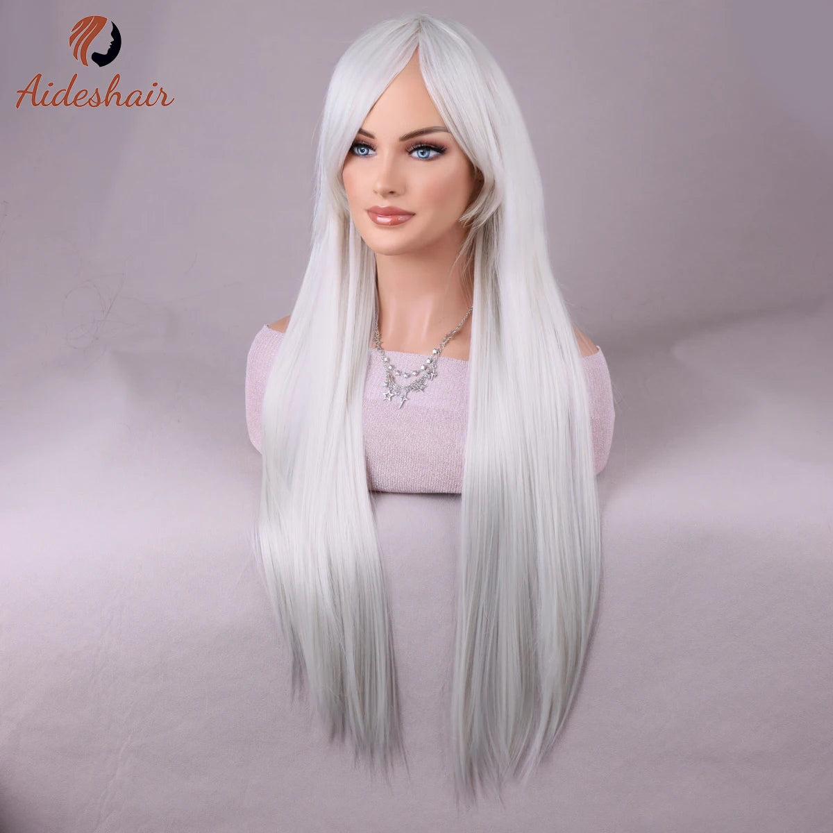 White wig with bangs Natural Length Straight wig for women Heat Resistant Fiber Synthetic wig for everyday Cosplay (28 inches)