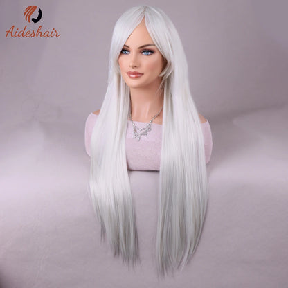 White wig with bangs Natural Length Straight wig for women Heat Resistant Fiber Synthetic wig for everyday Cosplay (28 inches)