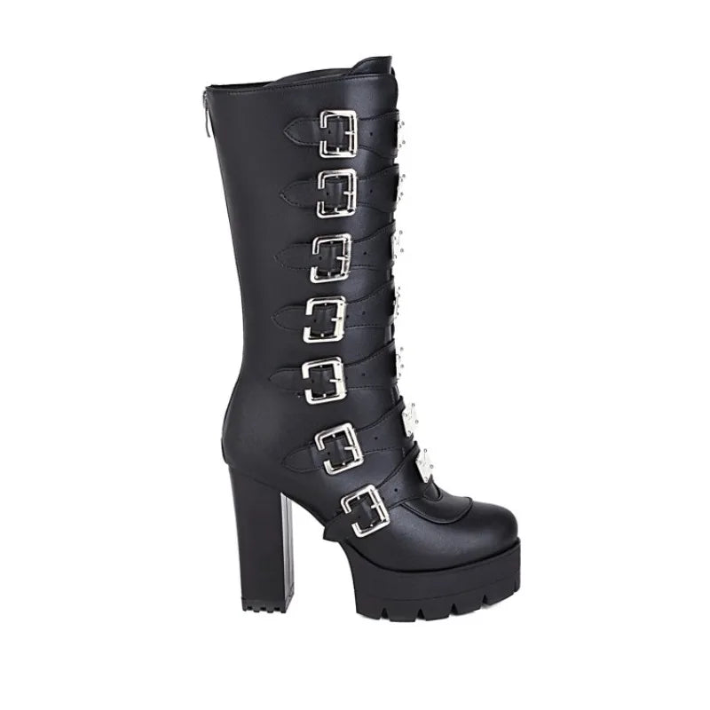 Punk Gothic Solid Black Multi-buckle Strap Designer Women's Winter Warm Shoes Western Platform Block High Heels Mid-calf Boots