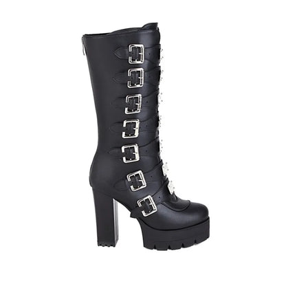 Punk Gothic Solid Black Multi-buckle Strap Designer Women's Winter Warm Shoes Western Platform Block High Heels Mid-calf Boots