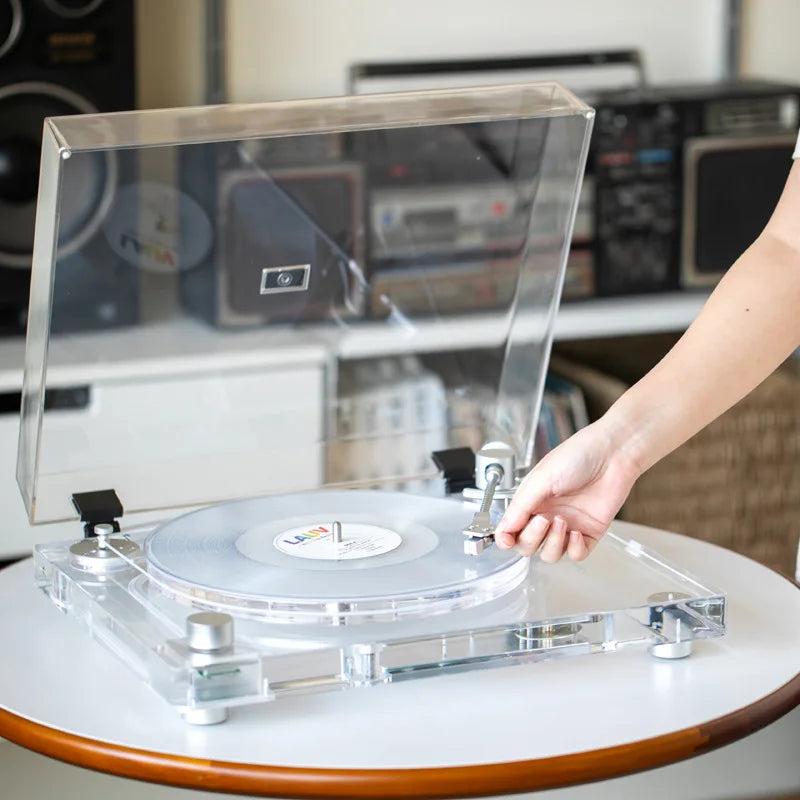 New Transparent Acrylic Vinyl Record Player with BT X10 Transmitter Modern Desktop Turntable for Stylish Wireless Music Playback