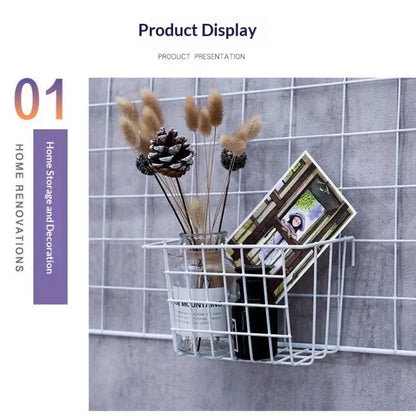 DIY Iron Grid Flower Pot Hanging Shelf Wall Art Mounted Frame Mesh Display Rack Home Decoration Metal Decorative Storage Basket