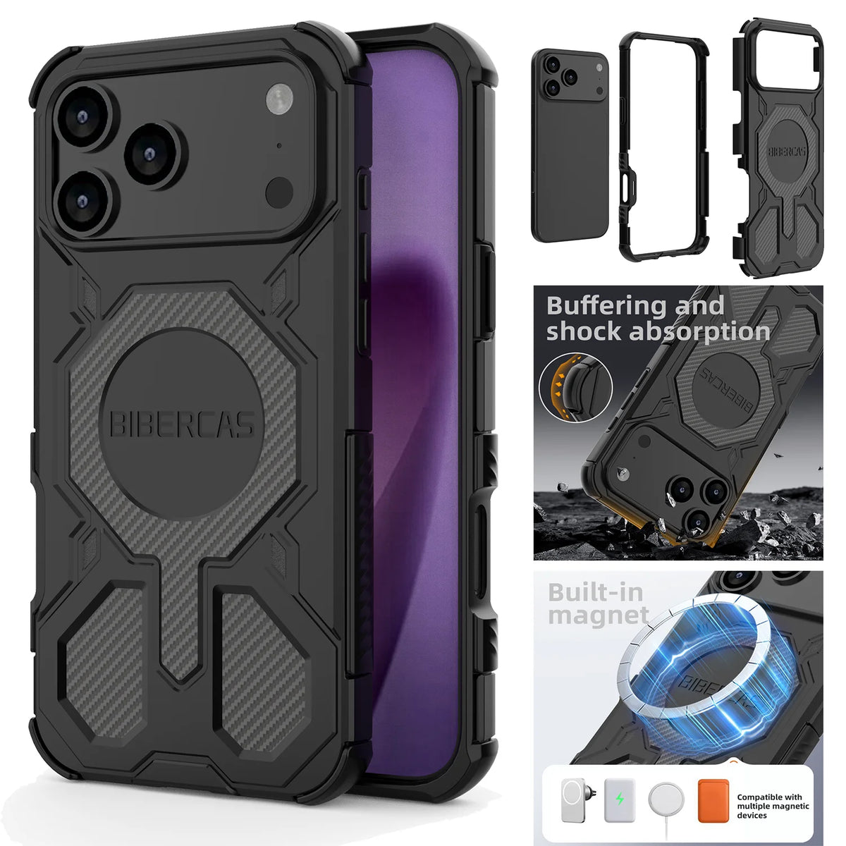 Military armor phone case for iPhone with shock absorption and built-in magnet features.