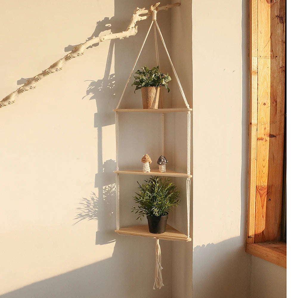 1/2/3-tier Floating Wall Shelf Wood Triangle Corner Display Stand Boho Home Decoration Living Room Bedroom Wall Hanging Decor