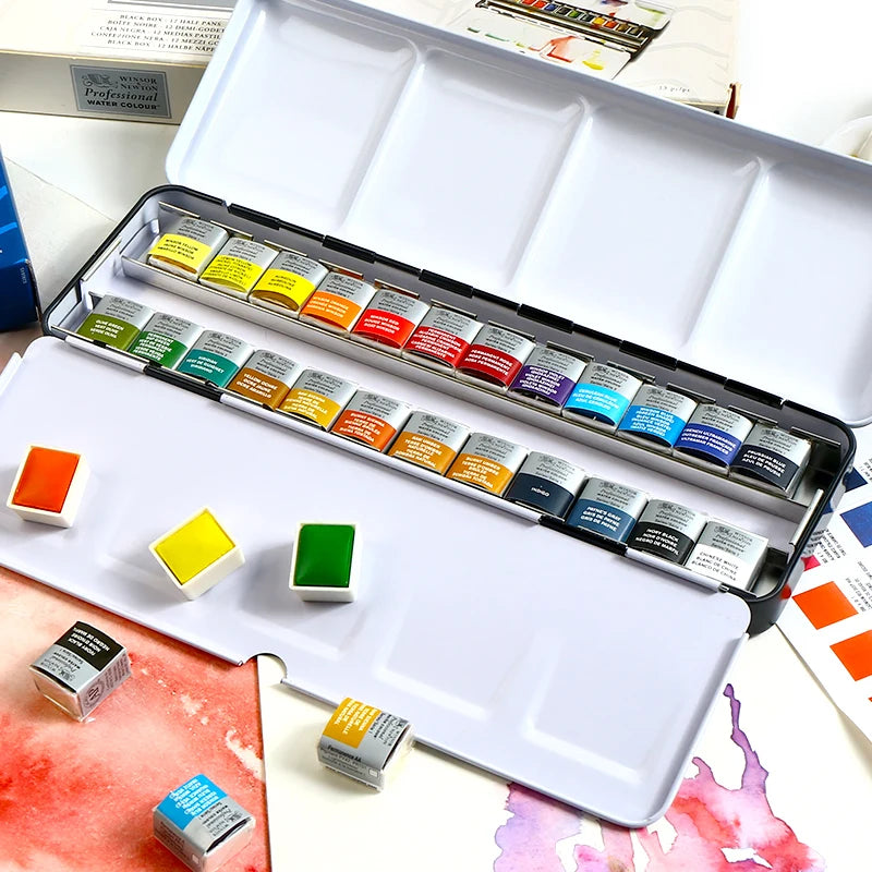 Winsor Newton Cotman Solid Watercolor Paint 24 Half Pans Colors Metal Color Pattle Set Professional Artist Pigment Aquarelle