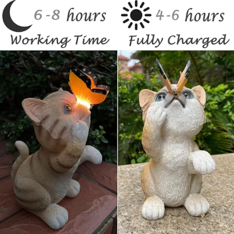 Cute Resin Cat Sculpture with Butterfly Solar Light Garden Courtyard Terrace Lawn Decorative Statue Lamp Ornament