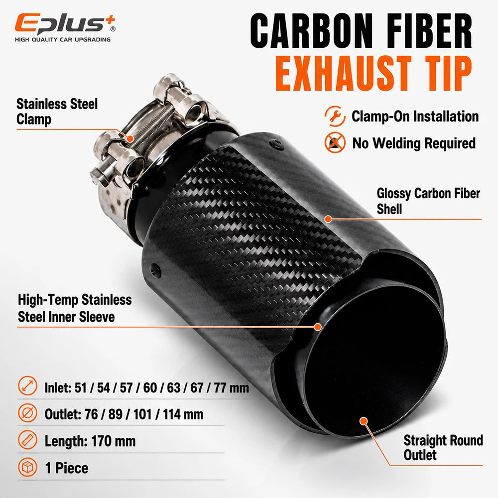Universal Glossy Carbon Fiber Car Exhaust Muffler Tip Clamp‑On Straight Exhaust Pipe Mufflers Nozzle Straight Stainless Black