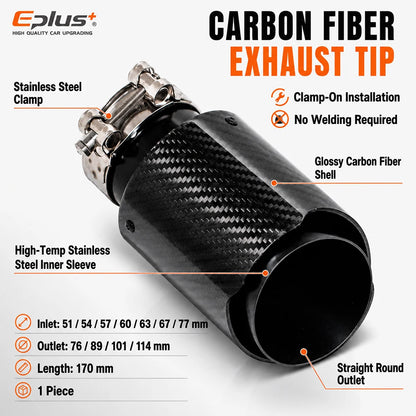 Universal Glossy Carbon Fiber Car Exhaust Muffler Tip Clamp‑On Straight Exhaust Pipe Mufflers Nozzle Straight Stainless Black