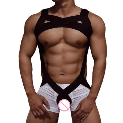 CLEVER-MENMODE Sexy Lingerie Men's Harness Chest Bodysuit Hollow Out Bondage Elastic Penis Ring Hole Erotic Costume