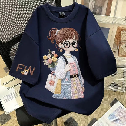 4-11T Summer Child Kids Girls Cotton Cartoon Short Sleeve T Shirt