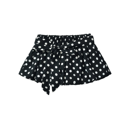 Sexy Black White Polka Dot Halter Tank Top + Tie Bow Sashes Elastic Waist Ruched Ball Gown BUD Mini Skirt 2 Pieces 1 Set