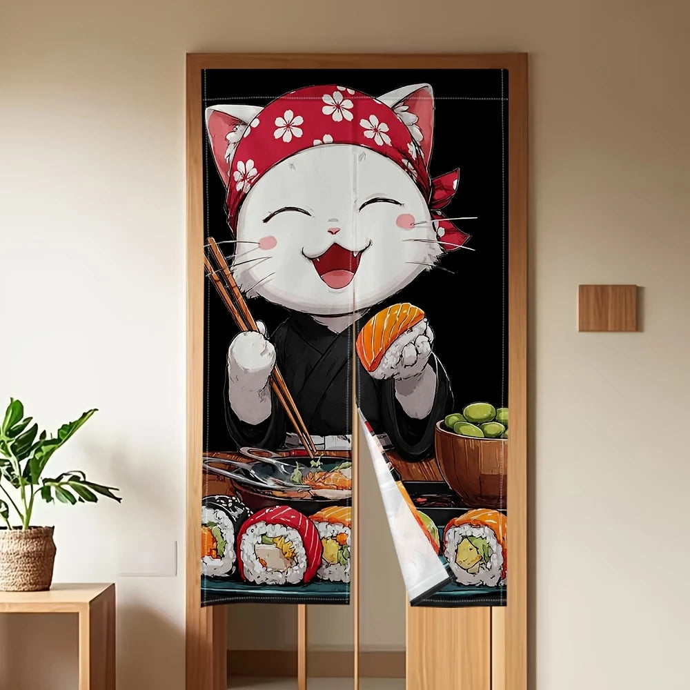 VIKAMA Cartoon Japanese-Style Food Cat Door Curtain, Hand-Painted Salmon Print Half-Door Curtain, Kitchen Divider and Home Decor
