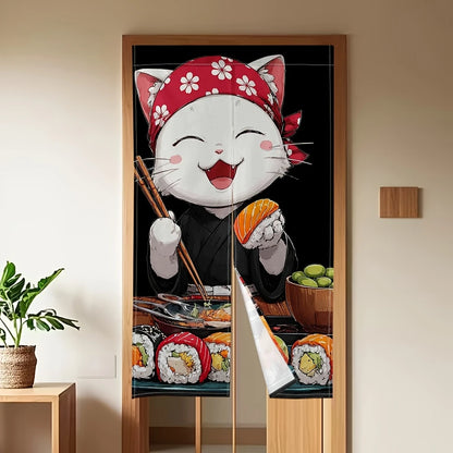 VIKAMA Cartoon Japanese-Style Food Cat Door Curtain, Hand-Painted Salmon Print Half-Door Curtain, Kitchen Divider and Home Decor