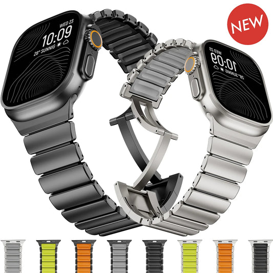 Titanium+Silicone Strap for Apple Watch Ultra 3 49mm S11 46mm Click Folding Clasp Band for iwatch Series 10 9 8 7 6 SE 3 44/45mm