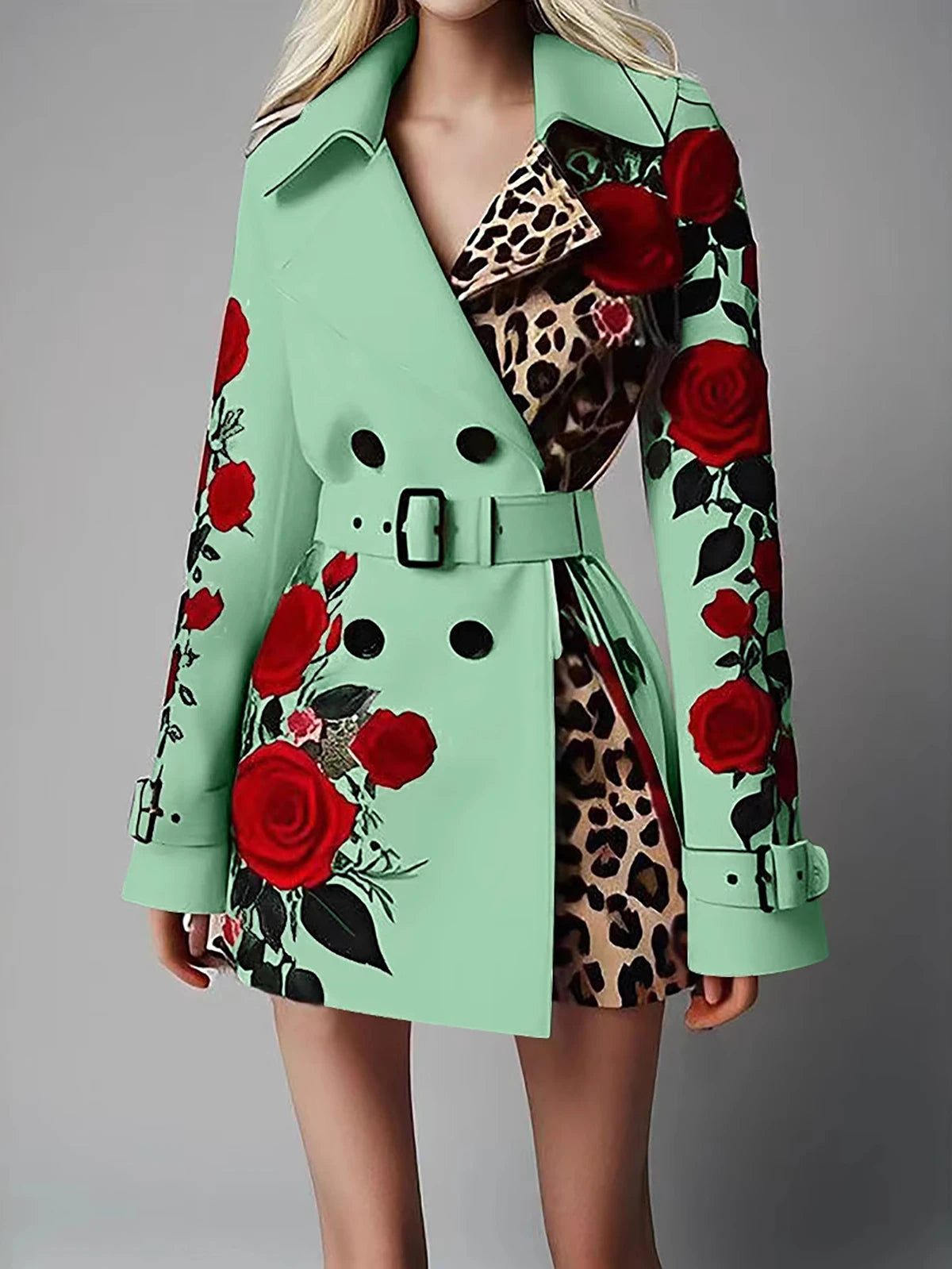 Women's Chic Trench Coat Red Rose Leopard Print Double Breasted Belted Lapel Long Sleeve Casual Outerwear Winter Female Jackets