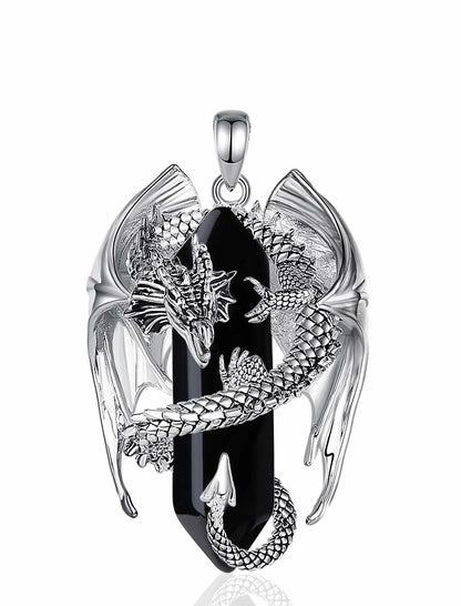 Eudora Dragon Twining Hexagonal Obsidian Prismatic Necklace Punk Healing Stone Crystal Pendant Personality Jewelry Gift for Man