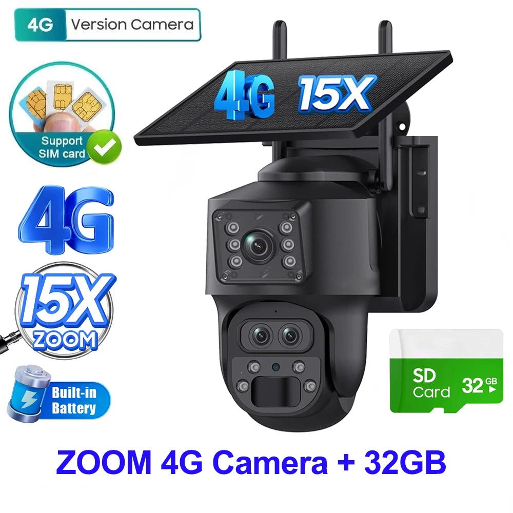 SHIWOJIA 15X ZOOM Solar Camera 4G 12MP Three Lens 360° View 5W Solar Panel Security Outdoor PTZ IP Camera 7800mAh Battery UBOX