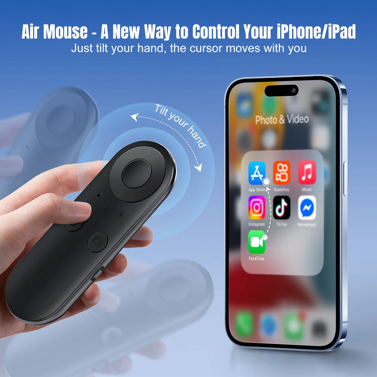 smartphone remote clicker in hand with iPhone screen, showcasing innovative air mouse control design