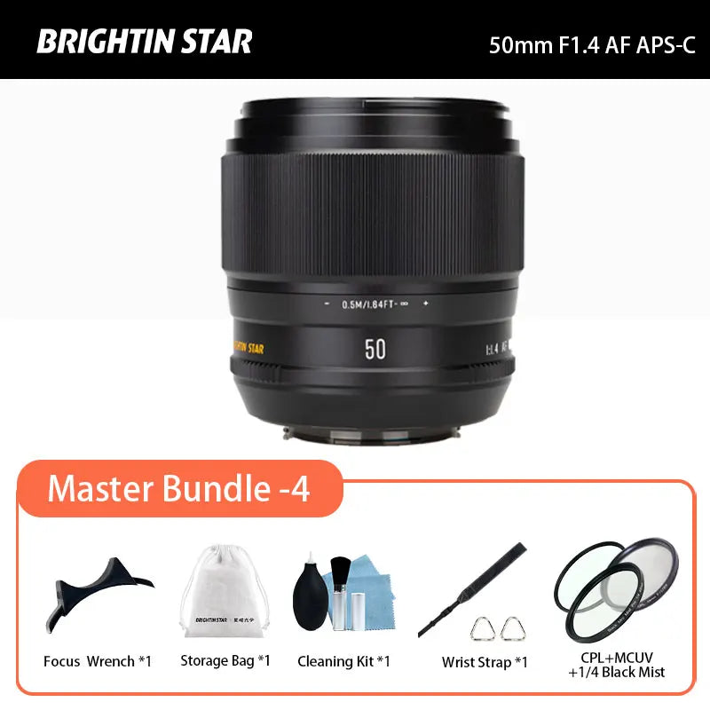 Brightin Star 50mm F1.4 AF APS-C Auto Focus DSLR Lens for Sony E ZVE10 A6400 a6000 A7 a5000 Fuji XF XT50 XPRO XA XH XM5 XE5