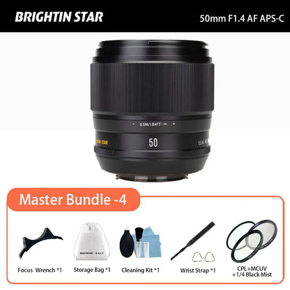 Brightin Star 50mm F1.4 AF APS-C Auto Focus DSLR Lens for Sony E ZVE10 A6400 a6000 A7 a5000 Fuji XF XT50 XPRO XA XH XM5 XE5