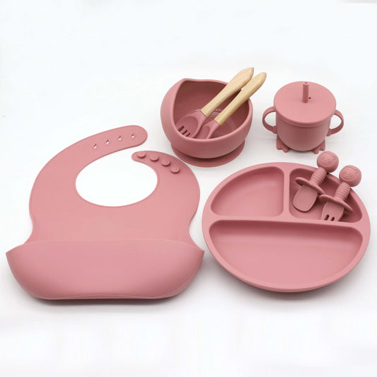 8 pcs Set Food Grade Silicone Tableware Set Bib Bowl Dining Plate Strong Suction Straw Cup Cartoon Short and Wooden Spoon Fork