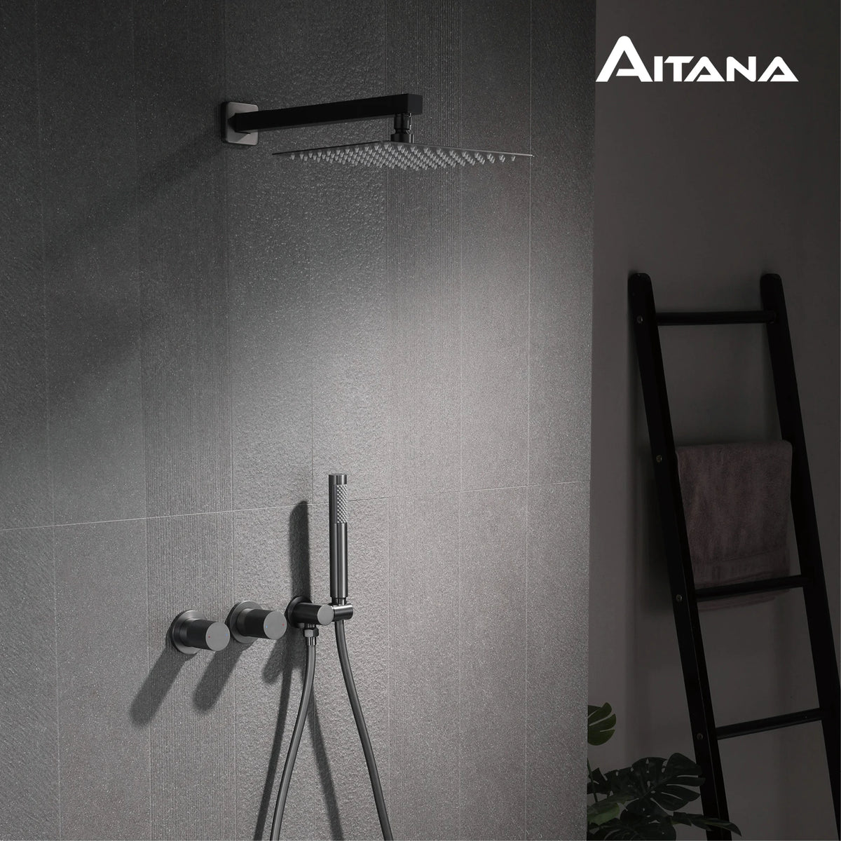 Luxury Bathroom Brass Gun Grey Wall-Mounted Shower System 2 Function Embedded Bath Mixer Tap Dual Spray Rainfall/Handheld