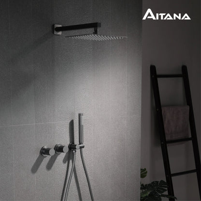 Luxury Bathroom Brass Gun Grey Wall-Mounted Shower System 2 Function Embedded Bath Mixer Tap Dual Spray Rainfall/Handheld