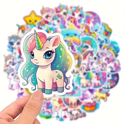 50Pcs Cute Rainbow Unicorn Stickers for Kids Waterproof Vinyl Stickers for Birthday Party Favors Cartoon Decals for Girls Gift