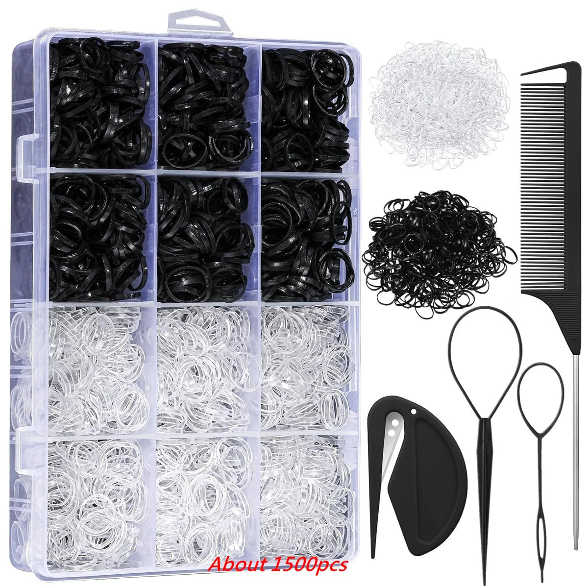 24-Color Hair Ties 1500Pcs Boxed Hair Ties Hair Extractor Hair Needle Pointed Tail Comb Hair Braiding Tools