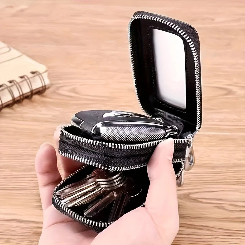 High-End Double Layer Zipper Car Key Holder Leather Key Case Large Capacity Universal Men Women Key Pouch with Keychain