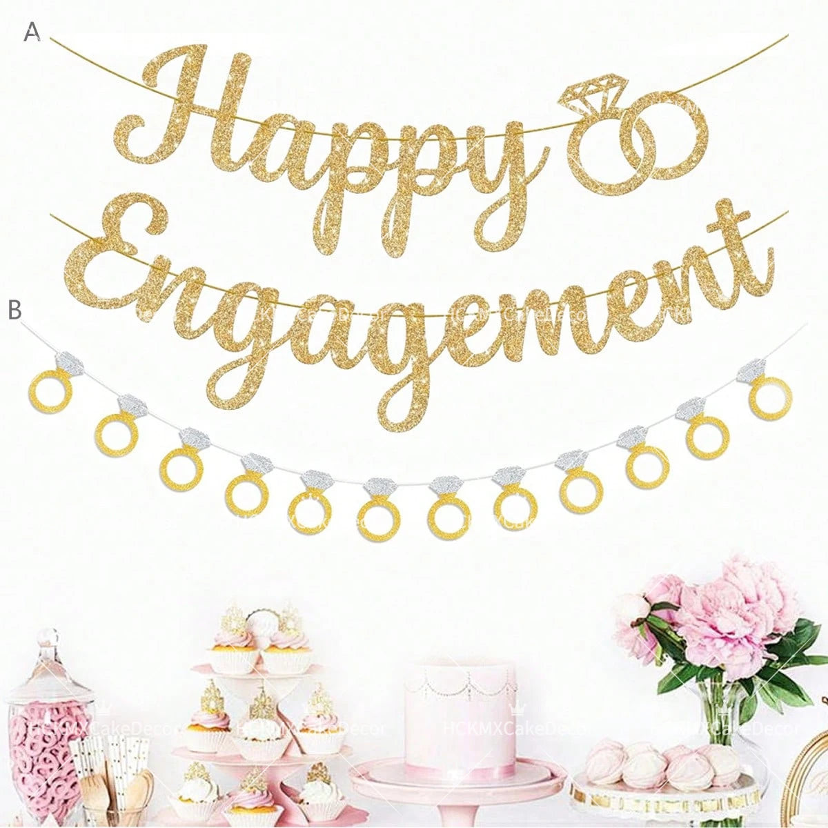 1set Happy Engagement Banner Bunting with Garland Party Decorations Bridal Wedding Engagement Party Supplies