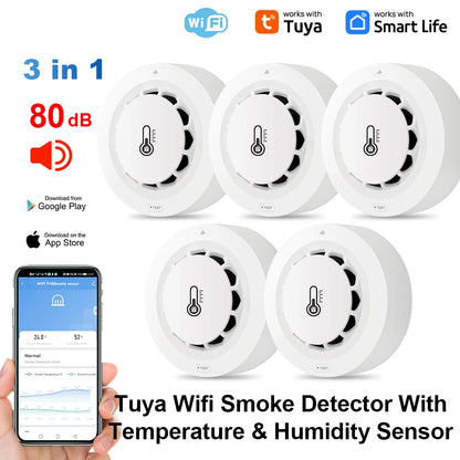 Tuya Wifi BT Two Connection Smoke Detector Temperature Humidity Measurement Device 80dB Sound Alarm Remote Push Alert Function