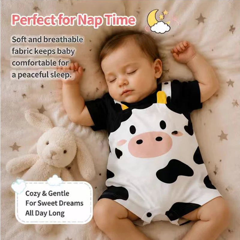 Newborn Baby Unisex Summer Cow Horn Fake Suspender Short Sleeve Spandex Stretch Wrinkle‑Resistant Daily Photo Jumpsuit 0‑18M