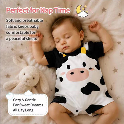 Newborn Baby Unisex Summer Cow Horn Fake Suspender Short Sleeve Spandex Stretch Wrinkle‑Resistant Daily Photo Jumpsuit 0‑18M