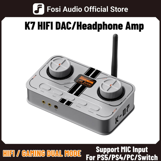 Fosi Audio K7 White Gaming Headphone Amp Bluetooth HiFi Desktop DAC Amplifier for PS5 PC Switch Mic Input 3.5mm/4.4mm Output
