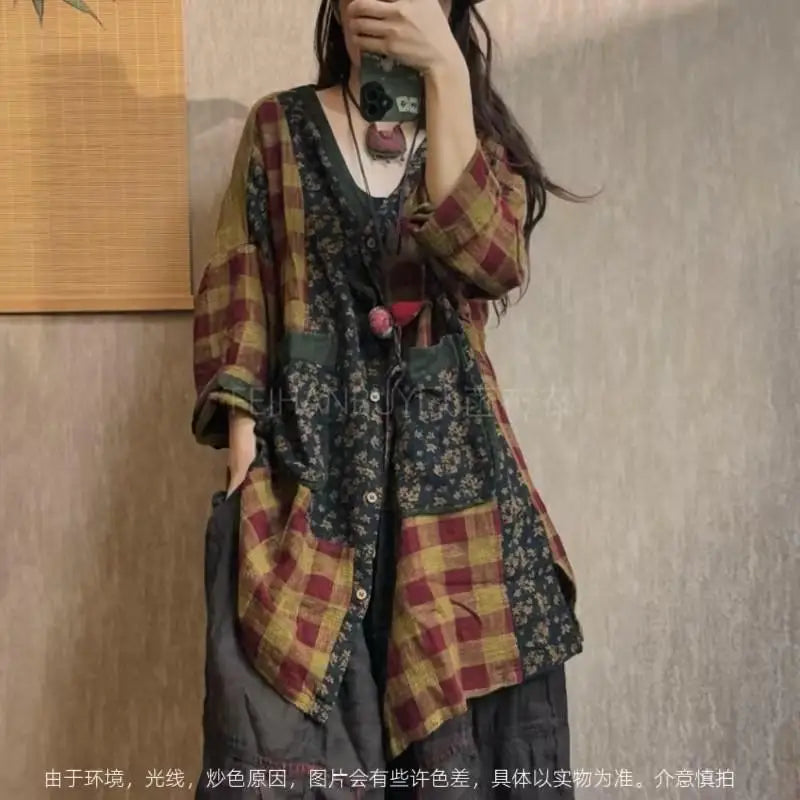 2026 Spring Autumn New Arts Style Women Single Breasted V-neck Long Coat Vintage Patchwork Print Cotton Linen Loose Jackets F89