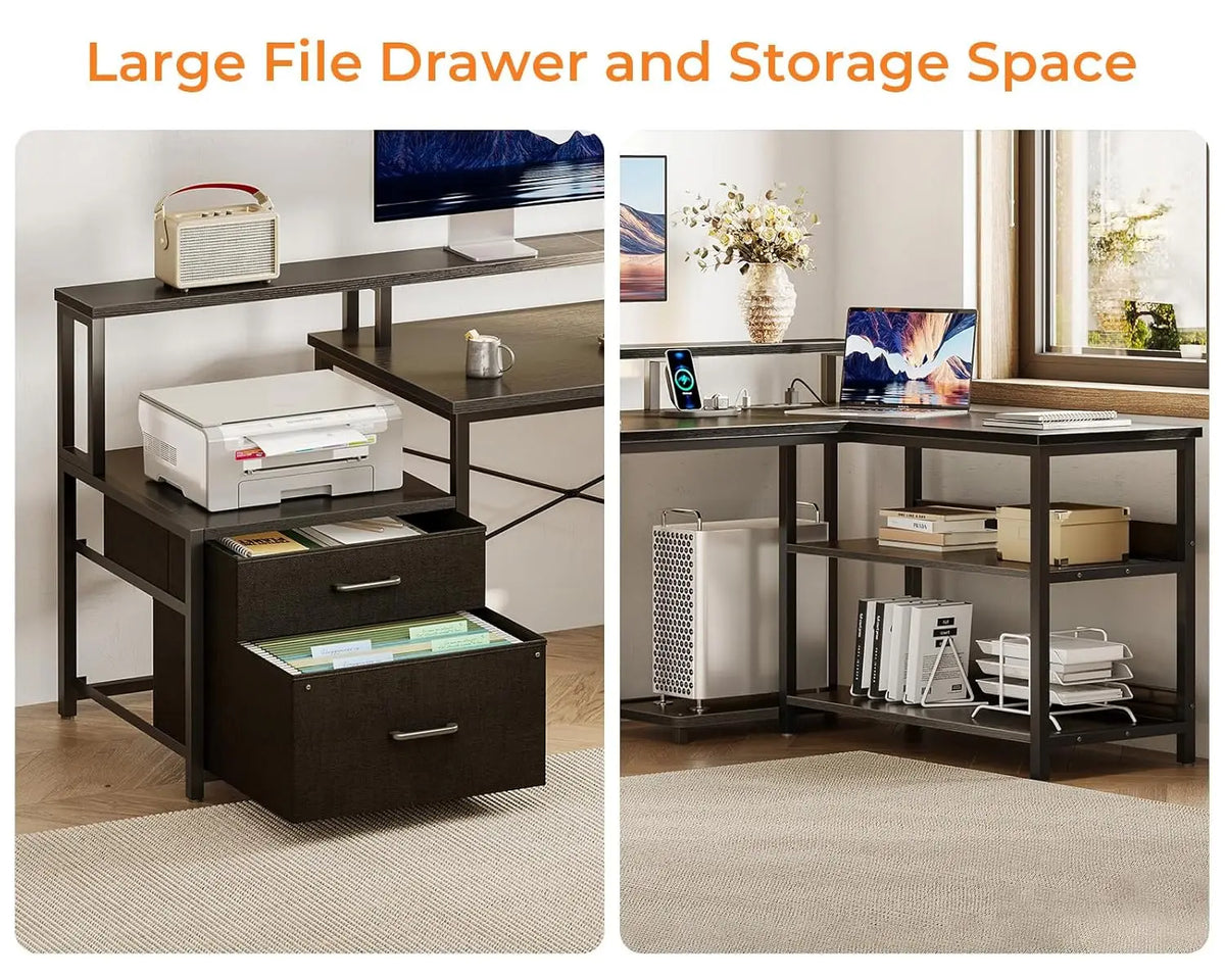 #75" L Shaped Desk with File Drawers, Work from Home Office Desk with Power Outlet, Reversible Computer Desk with, Customized