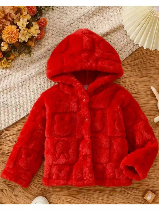 Cozy Solid-Color Fleece Hooded Jacket for Girls, Featuring Heart Patterns – Sweet Winter Fashion with Buttons, Ideal for Outdoor