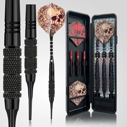 Huanqu 17g Professional Soft Darts, 3-Pack, Skull Rose Pattern Pet Dart Wings, Black and Red Color Scheme, 2Ba Universal Thread, Includes 10 Spare Soft Dart Tips, 3 Dart Shafts, 3 Dart Wings, and Storage Box, Suitable for Ele