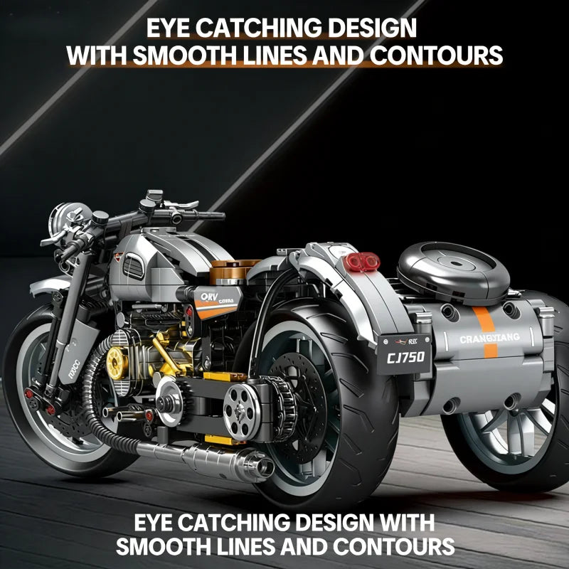 Mechanical Retro Trike Motorcycle Building Blocks Set, 3-Wheel Motorbike Model Kit with Realistic Engine & Chain Drive, Collecti