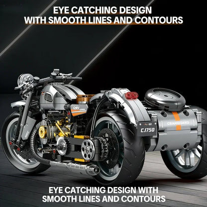 Mechanical Retro Trike Motorcycle Building Blocks Set, 3-Wheel Motorbike Model Kit with Realistic Engine & Chain Drive, Collecti
