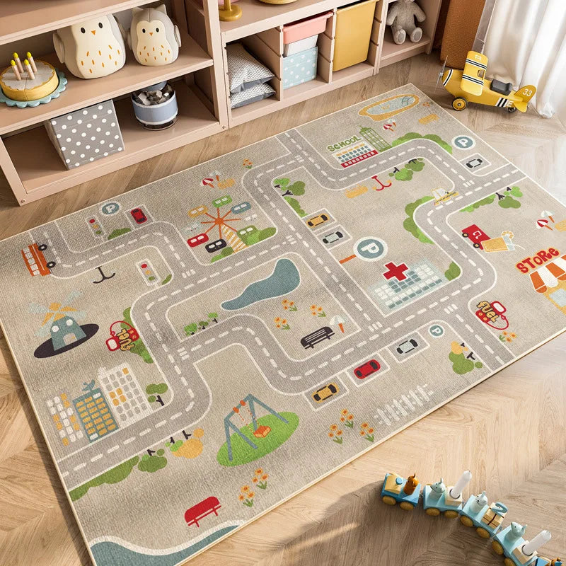 VIKAMA Cartoon Car Traffic Children's Carpet Playroom Baby Crawl Mat Home Decor Crystal Velvet Living Room Bedroom Floor Mat