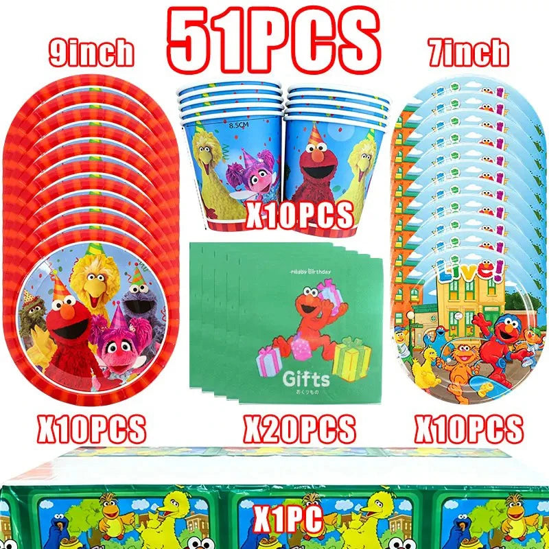 Birthday Party Decoration Set Supplies Cartoon Sesame Streets Birthday Party Supplies Tableware Balloon Cake Topper Banner Plate