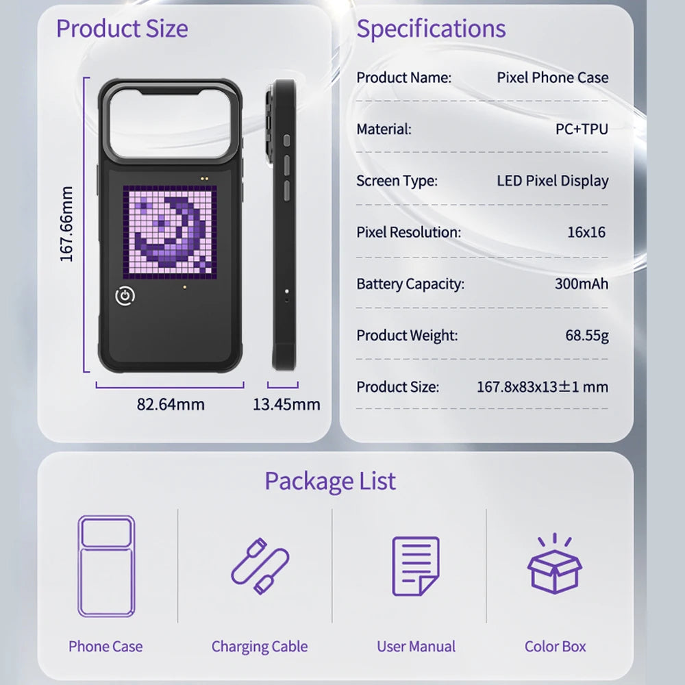 DIY LED Pixel Phone Case for iPhone 17 Series Custom Text & Pattern Animation with Built-in Fold Stand & Rechargeable Battery