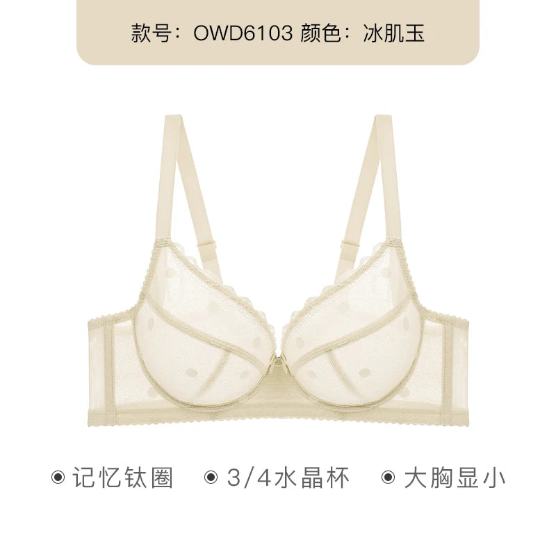 French Women's Push Up Hot Bra Unlined Lace Sheer Underwire Multiway Everyday Bra Polka Dot Unlined Minimizer 2024 OWD6103
