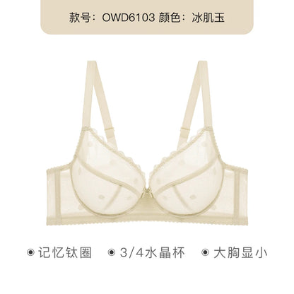 French Women's Push Up Hot Bra Unlined Lace Sheer Underwire Multiway Everyday Bra Polka Dot Unlined Minimizer 2024 OWD6103