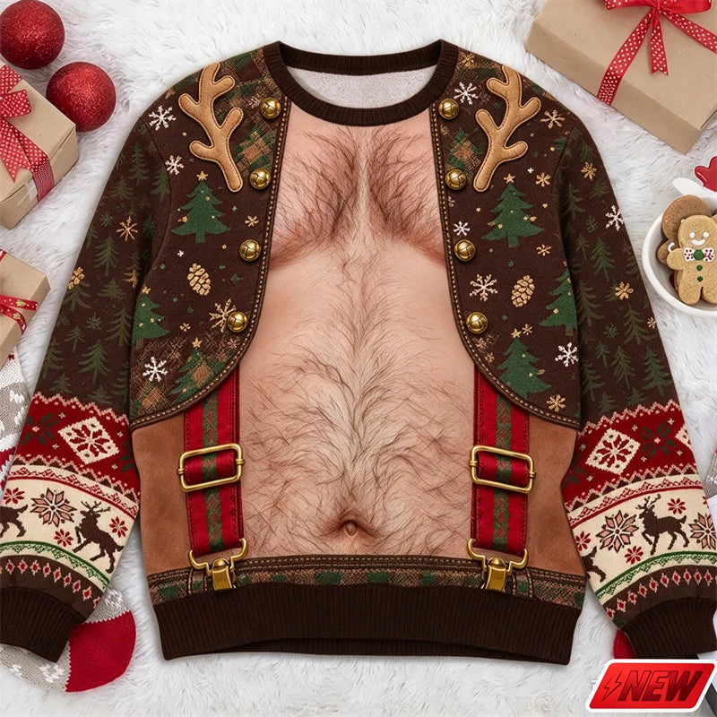 Xmas Sweatshirt Men Funny Cosplay 3D Print Fake Sweater Knit Reindeer Snowflake Pattern Festive Gift New Long Sleeve Sweatshirt