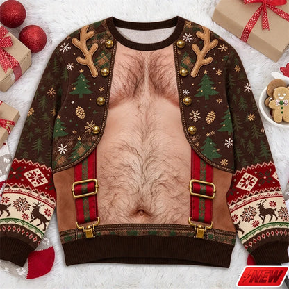 Xmas Sweatshirt Men Funny Cosplay 3D Print Fake Sweater Knit Reindeer Snowflake Pattern Festive Gift New Long Sleeve Sweatshirt