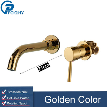 Golden Basin Faucet Bathroom Mixer Sink Tap Wall Mounted Hot Cold Water Tap Single Handle Rotating Spout Bathroom Faucet